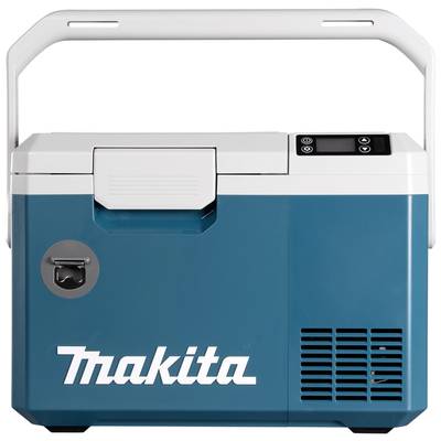 A portable, blue Makita cool box with a white handle and digital display, suitable for cooling during outdoor use.