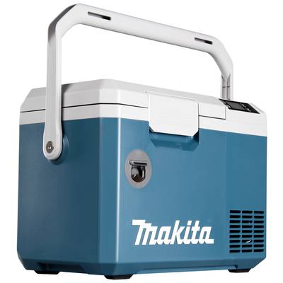 A portable, blue Makita cool box with a white handle and clearly visible logo on the side, designed for chilling drinks or food.