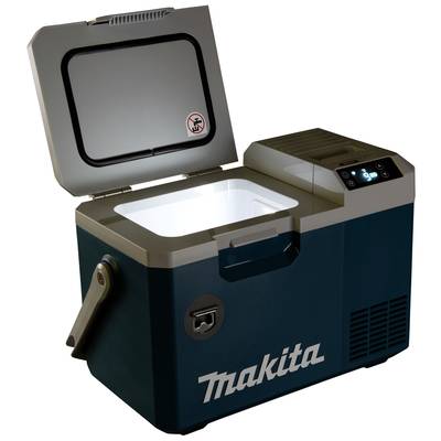 Open portable cool box with illuminated side display showing the brand name 'Makita'. It is positioned on a plain background.