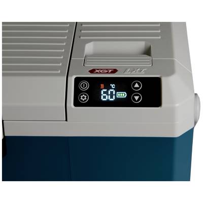 A mobile refrigerator with a digital display showing '60°C', surrounded by control buttons and a red XGT label in the top left corner.