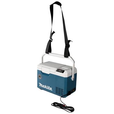 Portable blue cool box with a white surface, black strap, and cable. A control panel on the front displays temperature and settings.