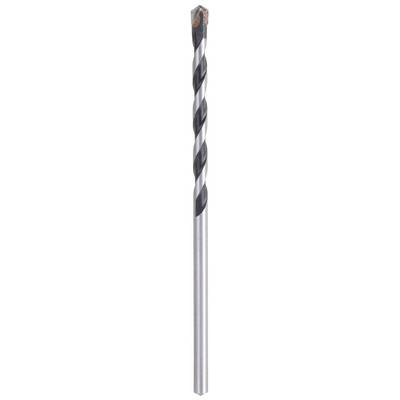 Close-up of a metal drill bit with a black and white spiral and silver shank.