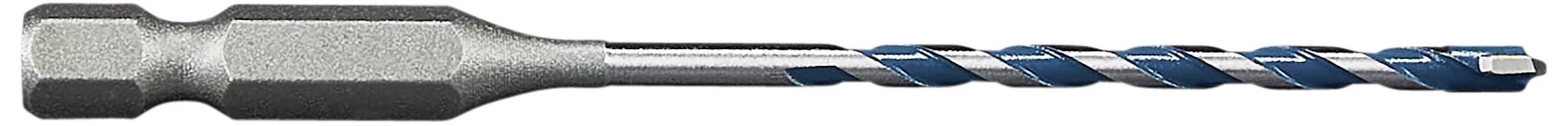 Drill attachment with blue-silver spiral, suitable for concrete work.