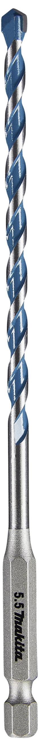 A drill with a blue and silver spiral design.