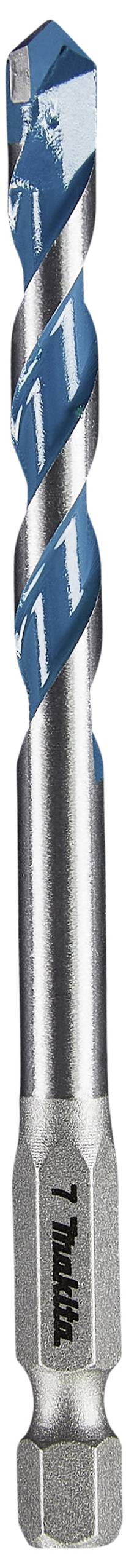 Metal drill bit with a blue spiral design and a hexagonal shank. Suitable for drilling into hard materials.
