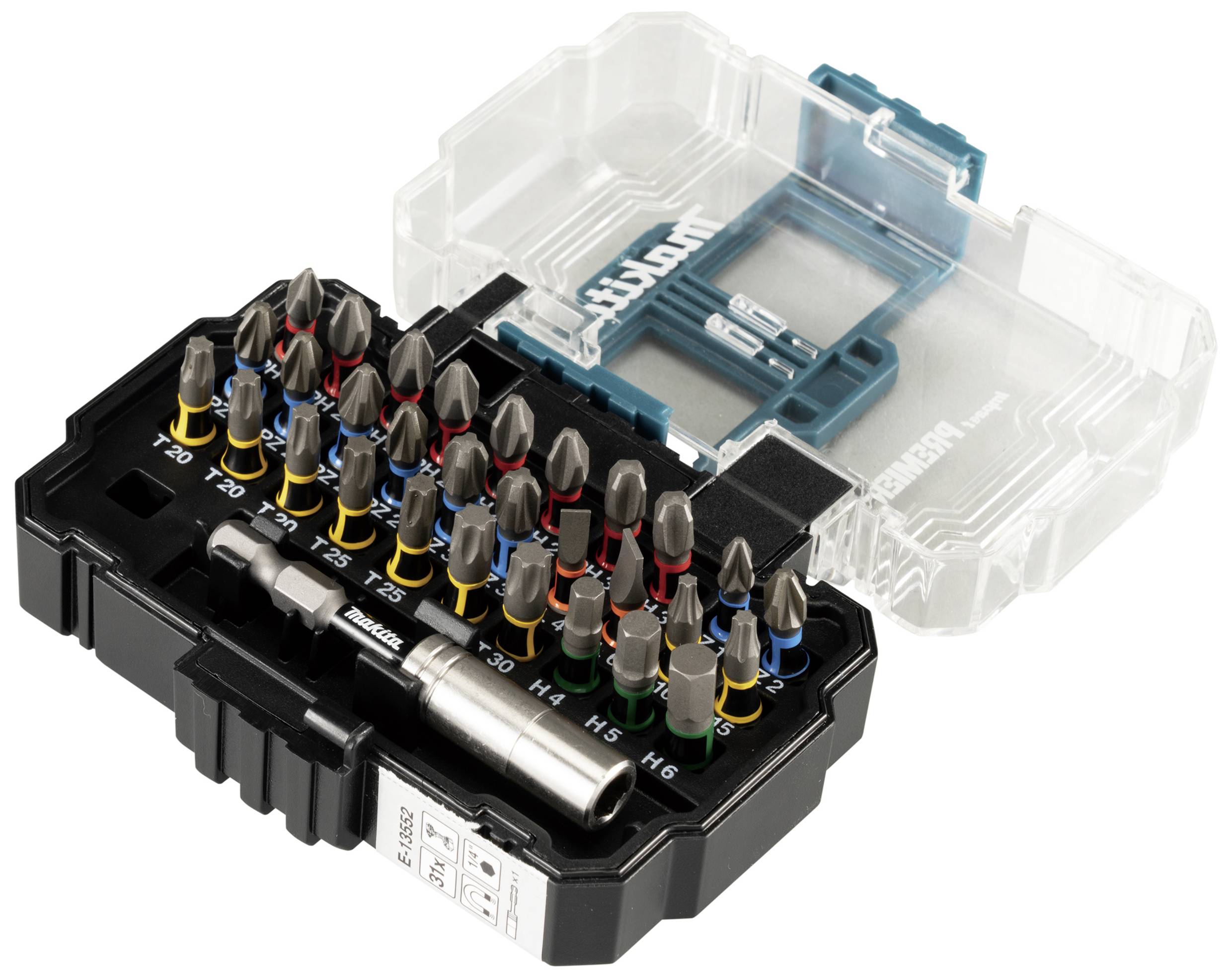 A set of 32 colour-coded screwdriver bits and a holder in a plastic box. Suitable for various screw types.