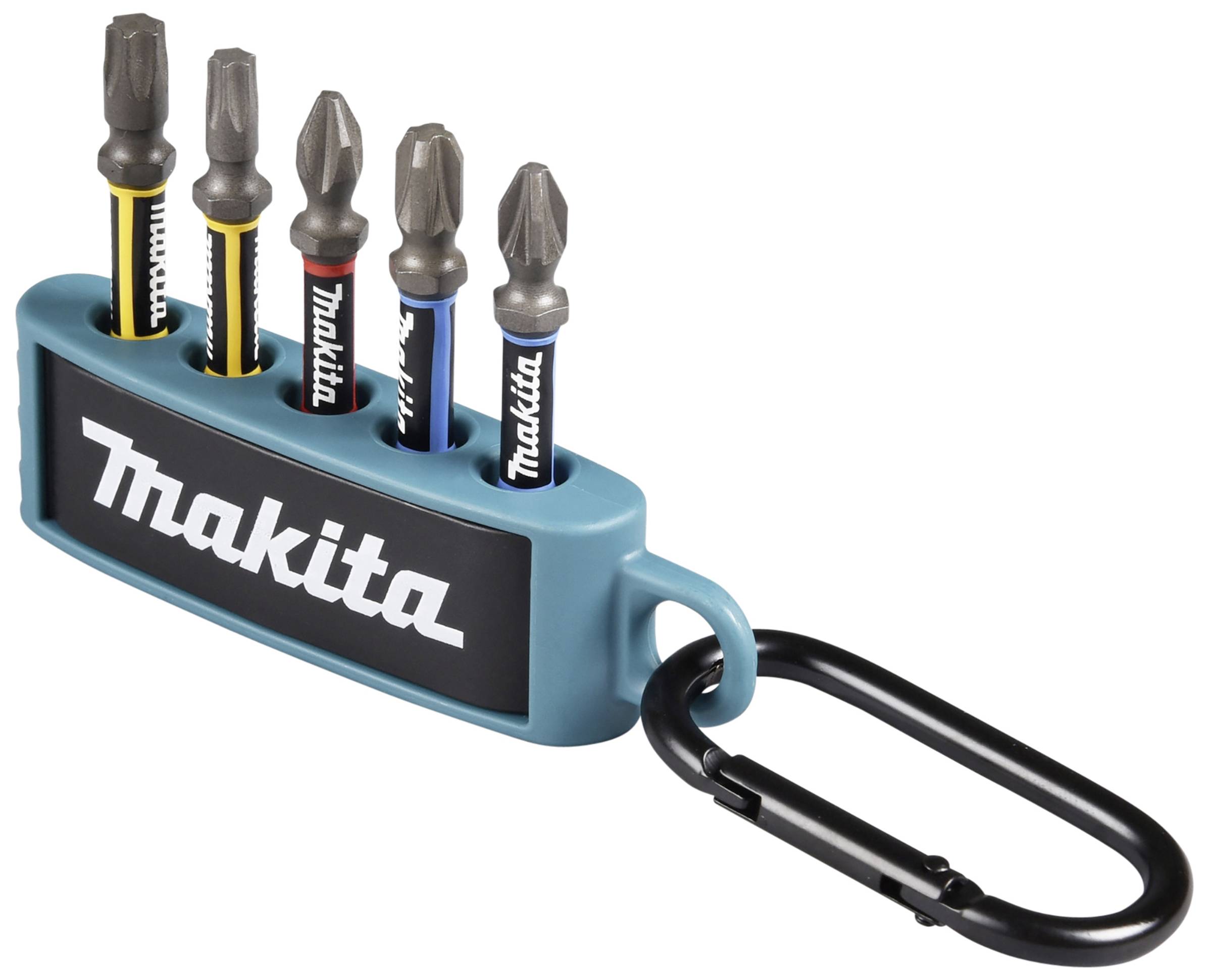 Bit holder with four screwdriver bits and a black carabiner hook. 'Makita' is printed on the holder.