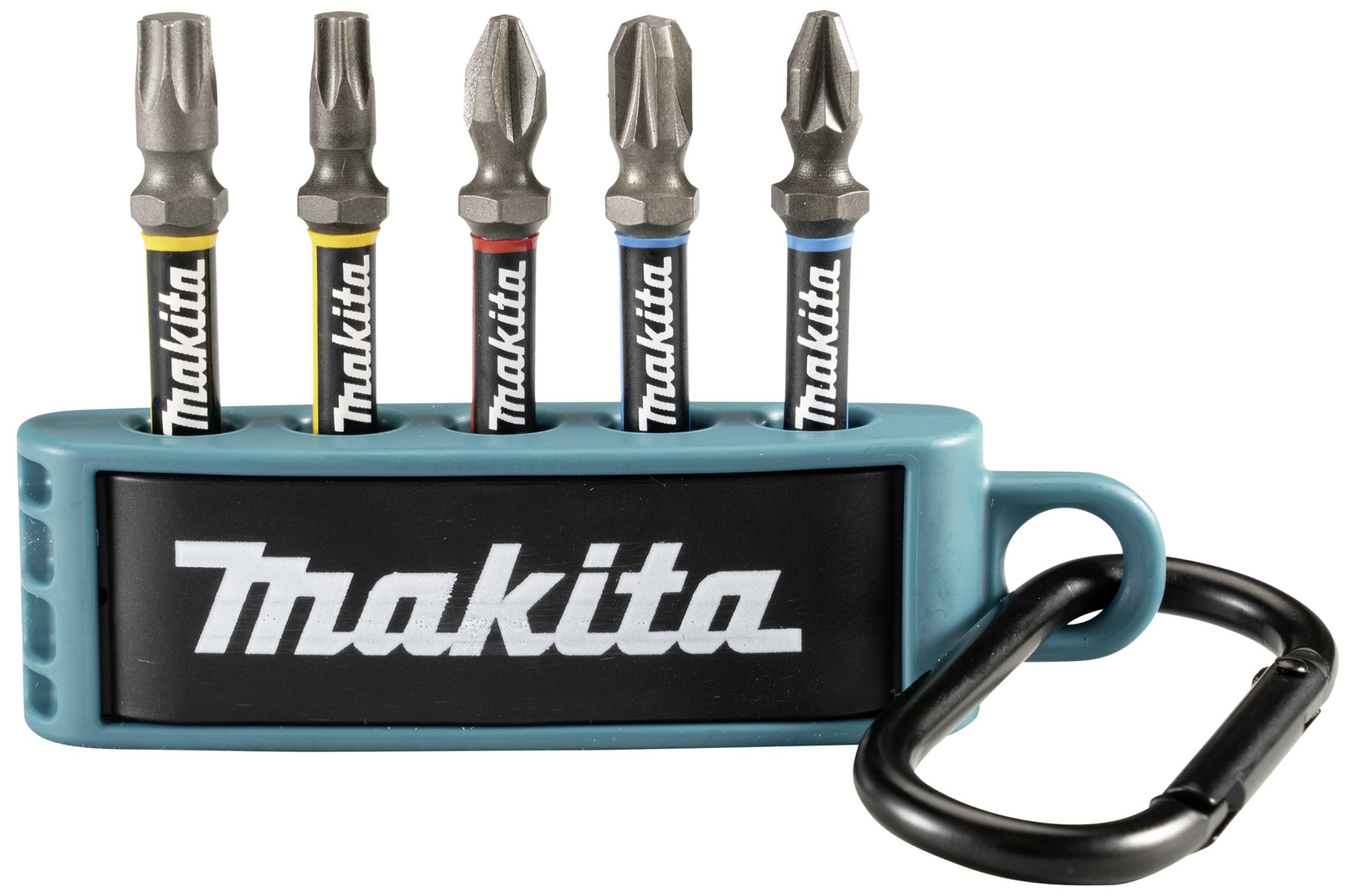 Five screwdriver bits in different colours in a blue Makita holder with carabiner clip.