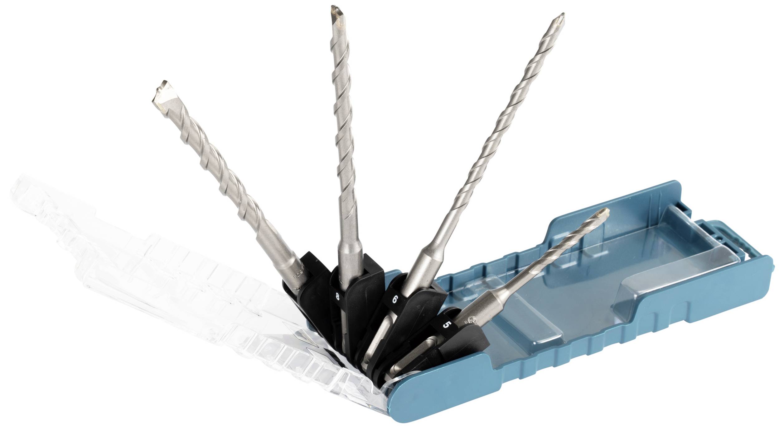 A set of four metal drill bits arranged in a blue plastic case.