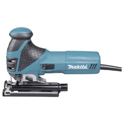 A teal and black electric jigsaw tool with a trigger switch, designed for precise cutting tasks. The brand name 'Makita' is visible.
