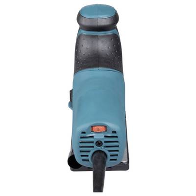 Electric sander with a teal and black design, featuring a control dial marked with '5' on the front.