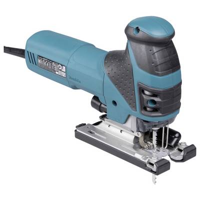A blue and black electric jigsaw with a power cord and metal blade, used for cutting shapes in wood, metal, or plastic materials.
