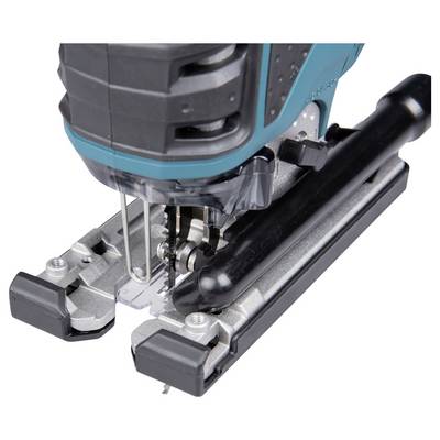 A close-up of a blue and black electric jigsaw, showing the blade mechanism and metal footplate, used for woodworking and cutting tasks.