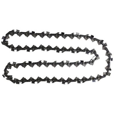 A chainsaw chain lying in an S-shape, showing sharp teeth for woodcutting.
