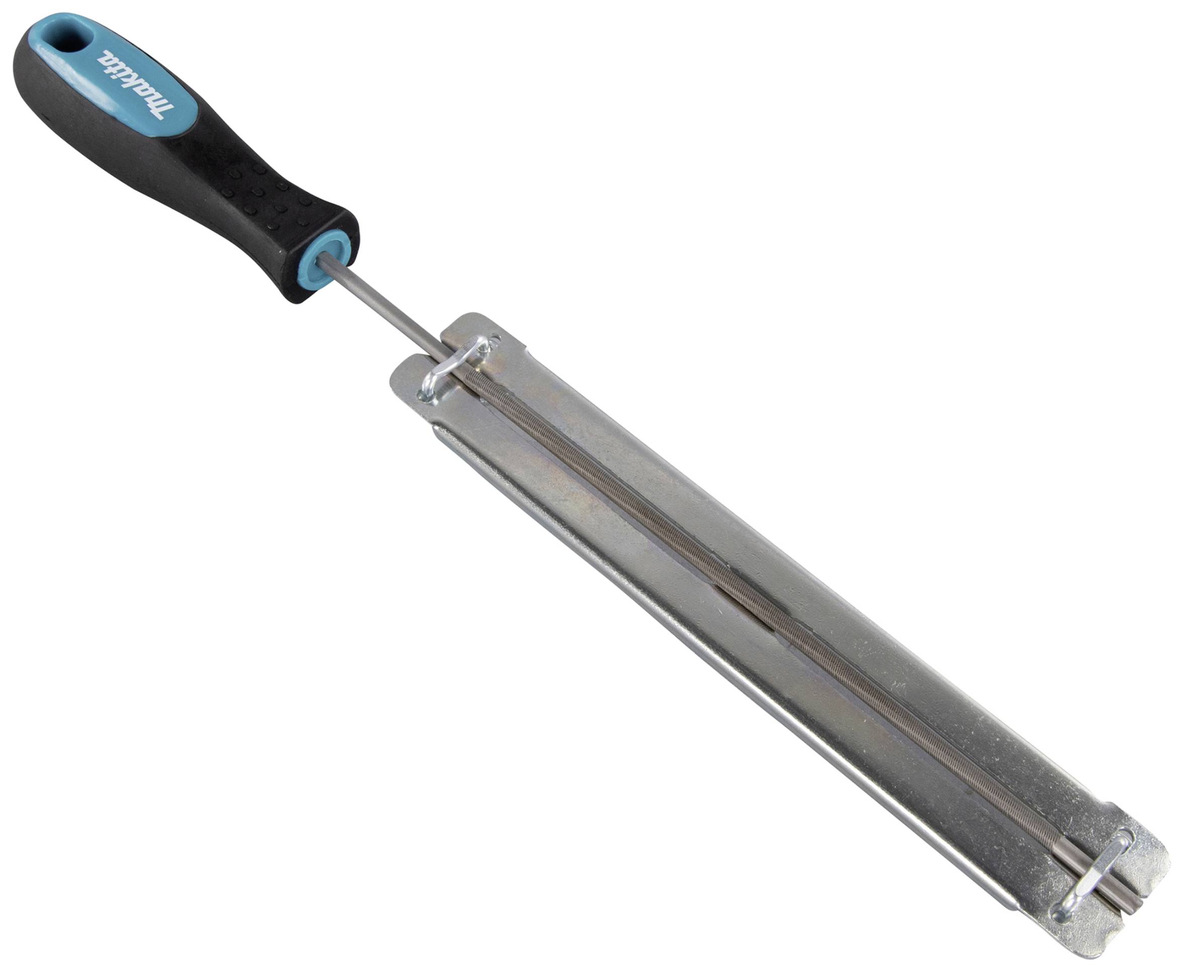 Sharpening angle holder with black handle and metal box. Designed to correctly align chainsaw chains during sharpening.