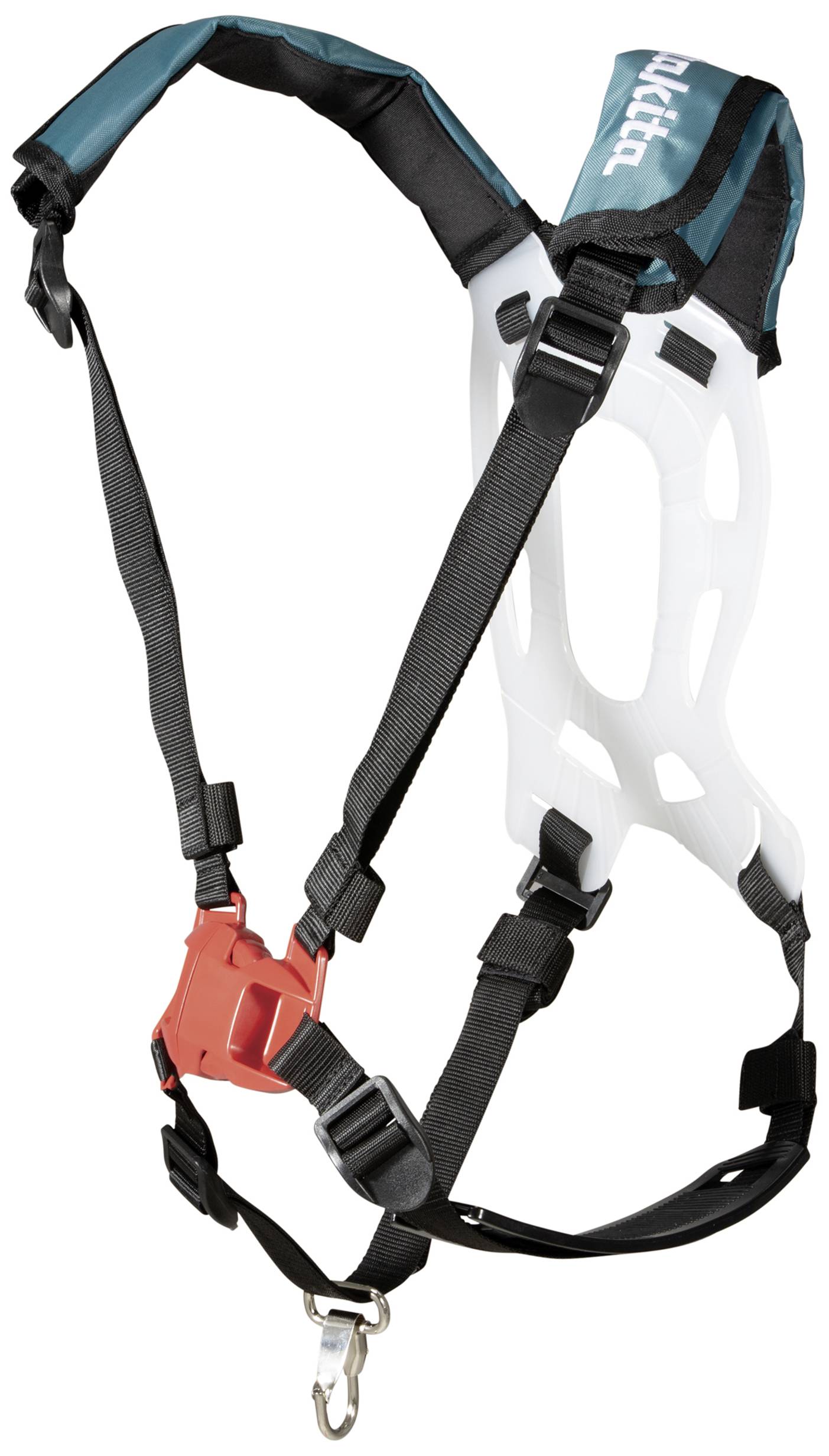 Safety harness with adjustable straps and metal buckle, used for securing workers during work at height.