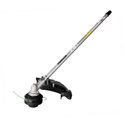 Lawn trimmer with a silver shaft and black cutting head. 'Makita' brand on the shaft. Suitable for gardening and lawn edging.