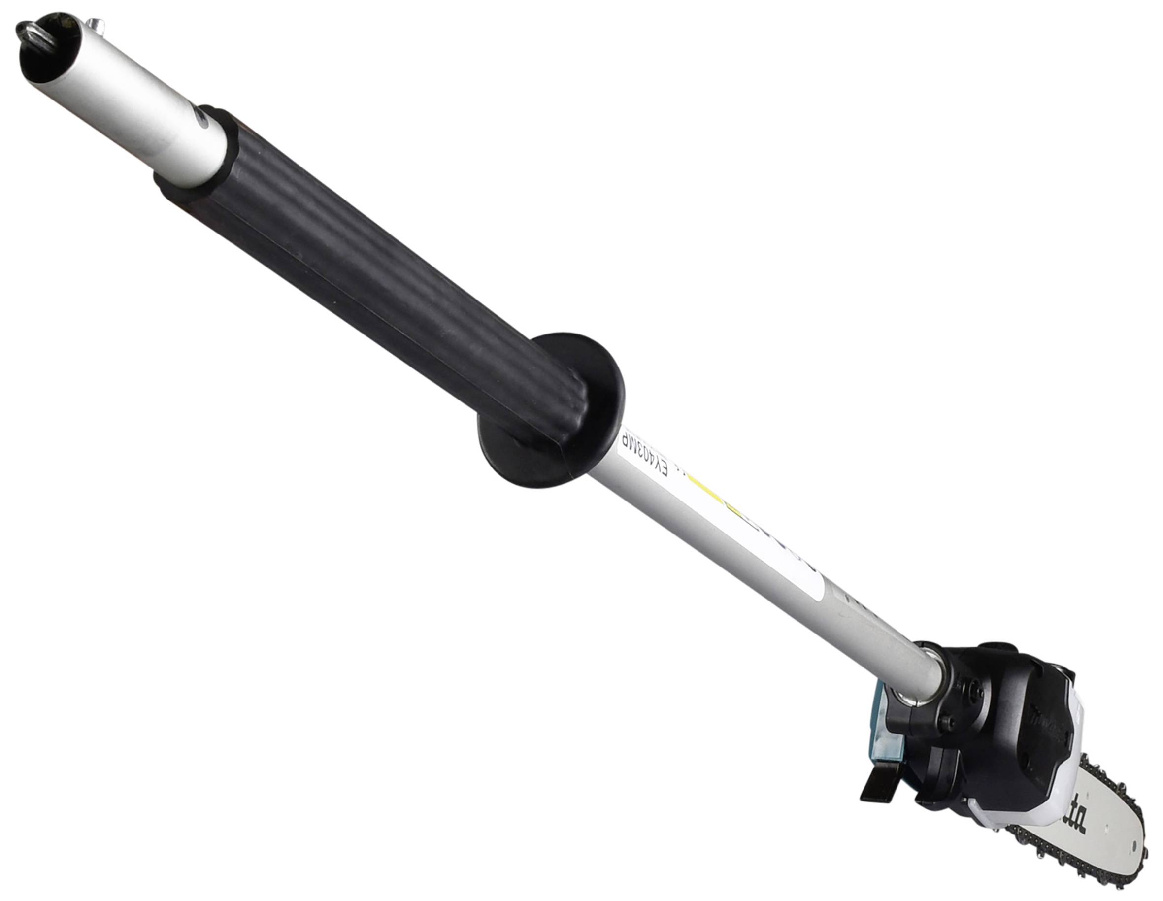 Extending Telescopic Hedge Trimmer with Chainsaw, for hard-to-reach branches, with black handle and silver extension.