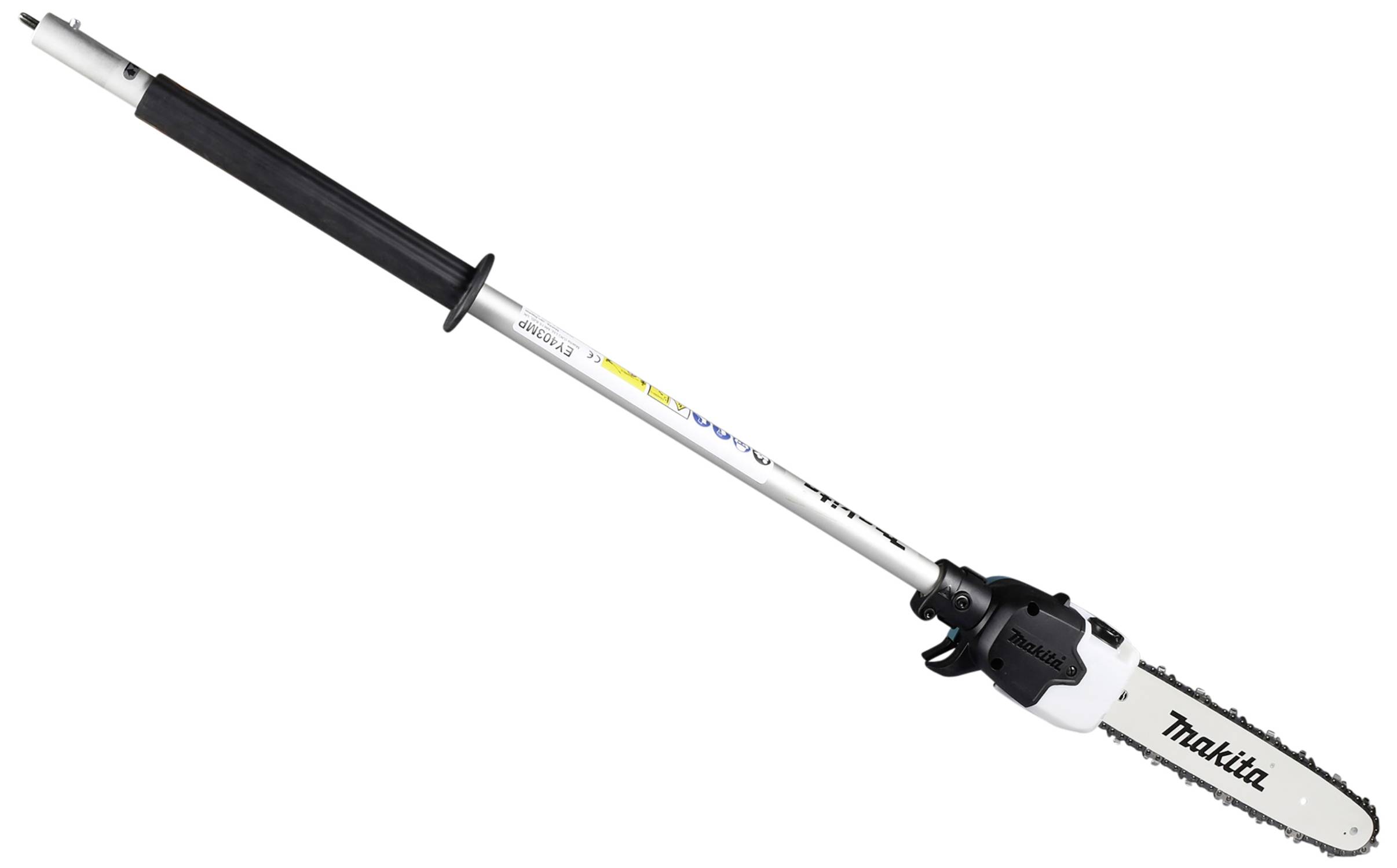 Long pole saw with a black handle and chainsaw attachment at the end. 'Makita' brand name visible on the chainsaw. Suitable for cutting branches.