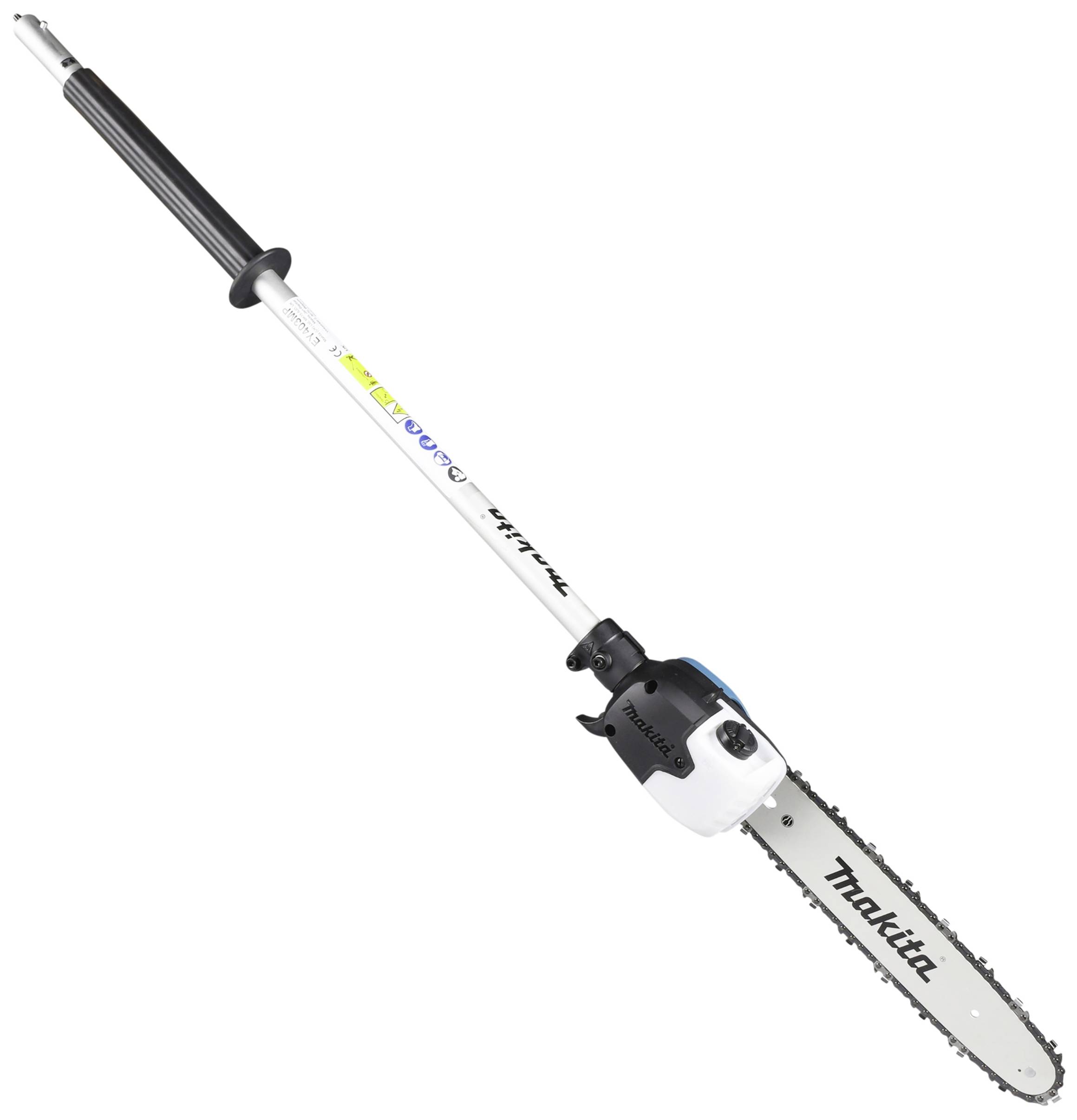 Long-handled chainsaw with a white metal body, black handle, and blue accent, suitable for cutting high branches.