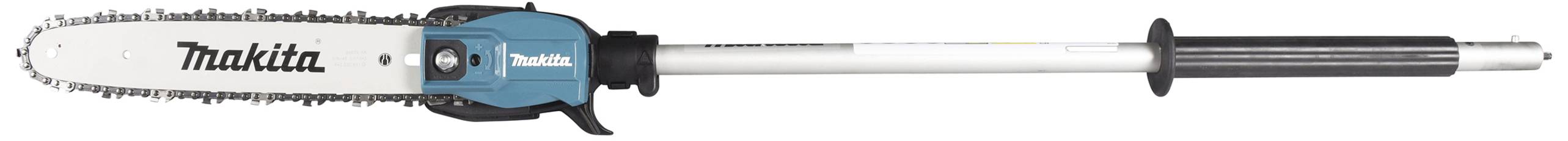 Makita Electric Telescopic Chainsaw in Blue and Silver with a Black Handle, Suitable for Pruning Branches at Height