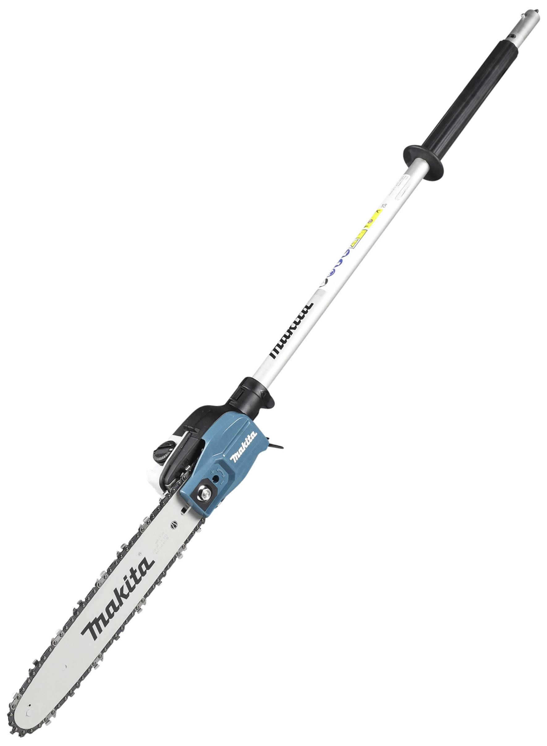 Telescopic chainsaw with blue-black motor by Makita; long bar enables cutting in hard-to-reach areas of trees.