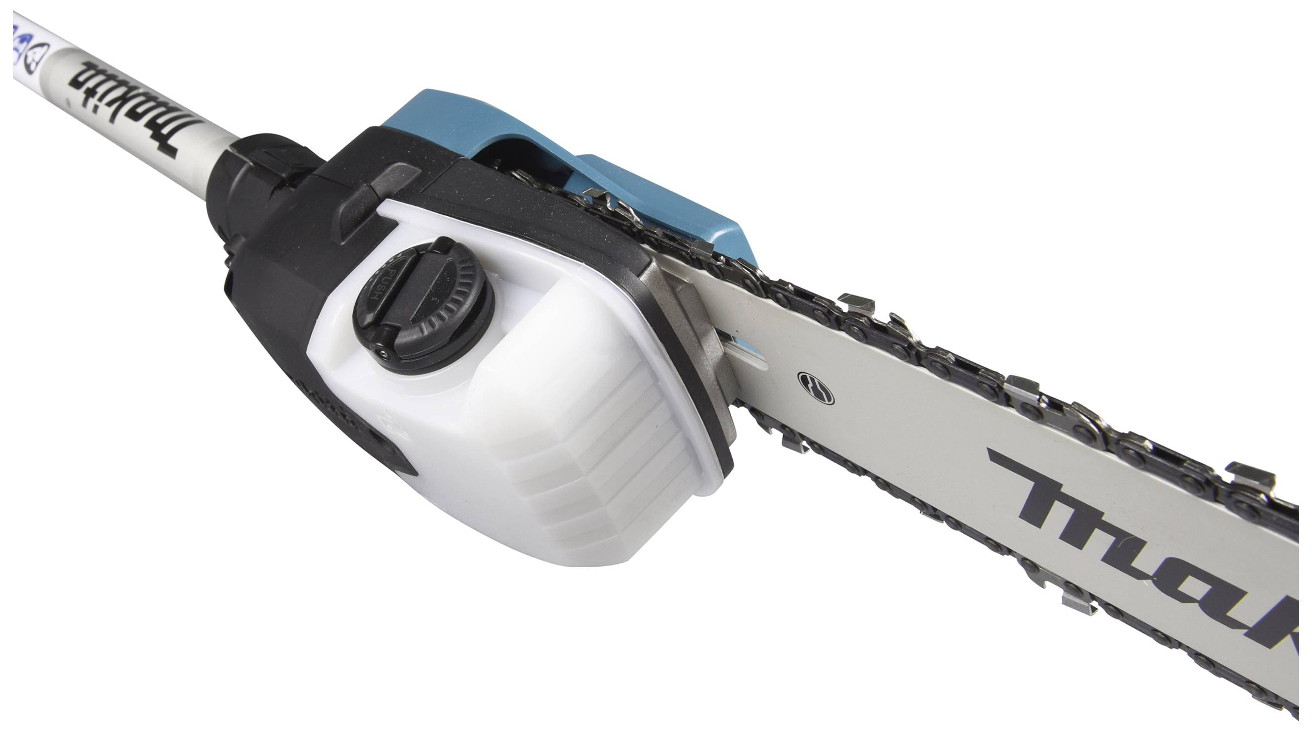 An electric chainsaw head with a chain on a guide bar, with the brand and model visible.