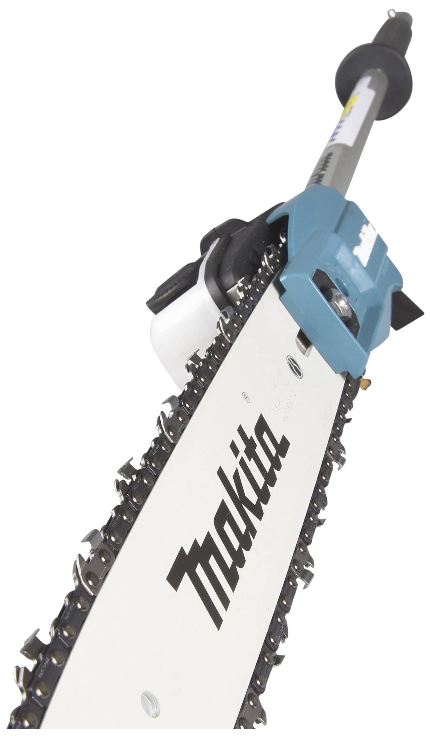 Close-up of a Makita chainsaw with a metal chain and blue casing, highlighting its functionality and design.