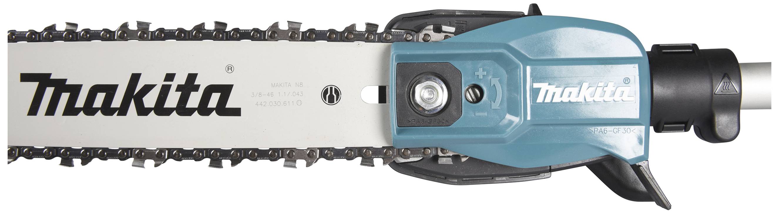 A chainsaw with a blue casing and black chain. The 'Makita' brand is visible on the blade.