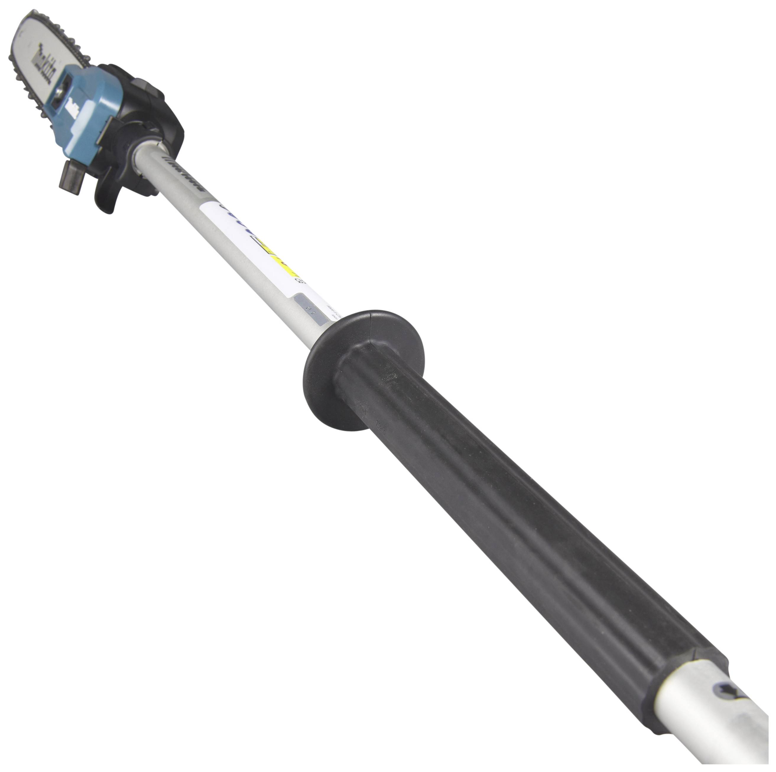 A long-handled electric telescopic chainsaw with a black grip and blue motor section. Ideal for pruning high branches.