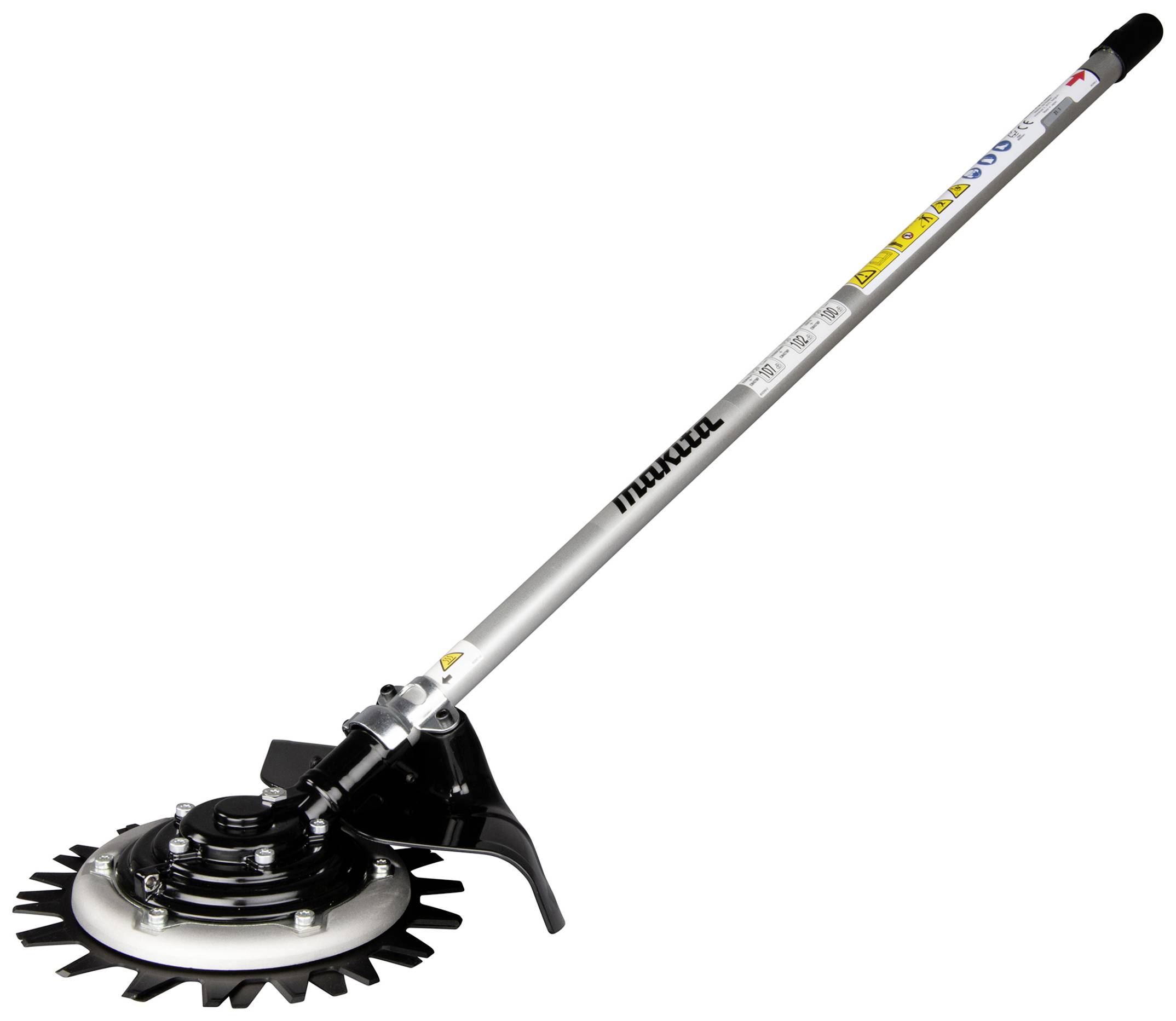 A garden strimmer with a long shaft and rotating cutting head, suitable for trimming grass in hard-to-reach areas.