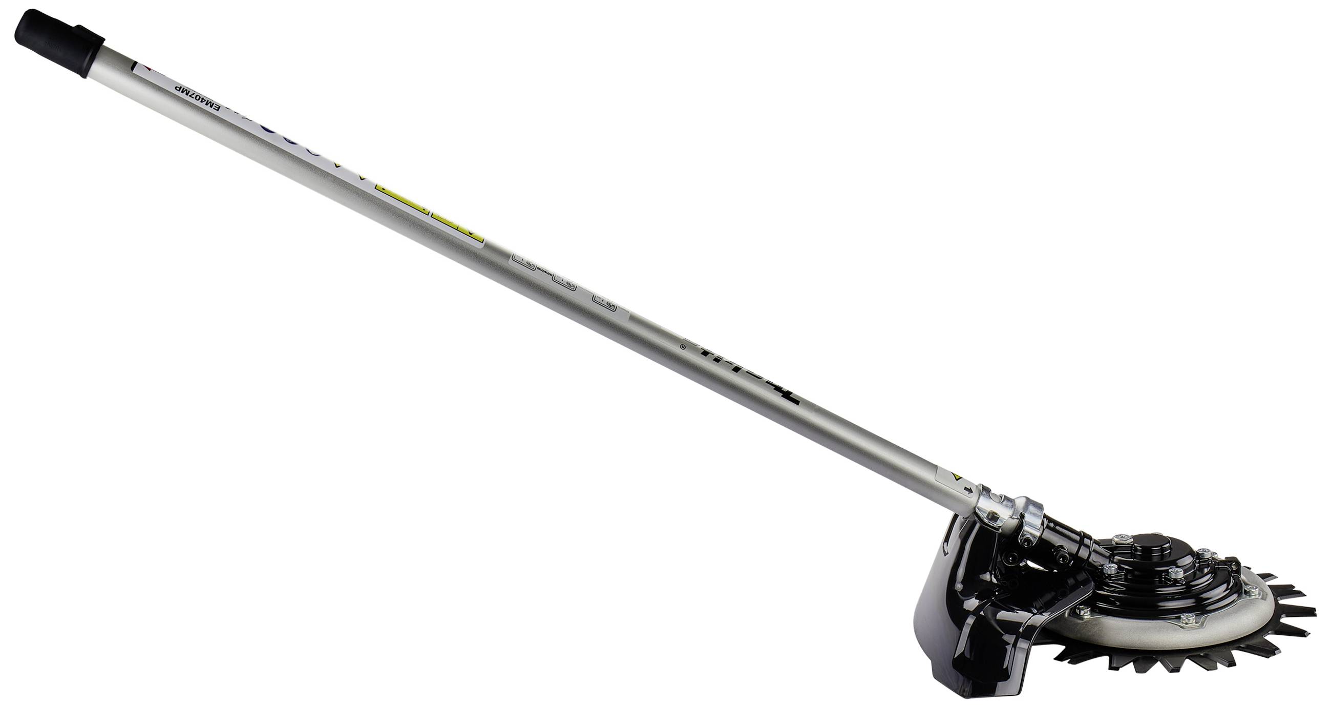 Brush cutter attachment with small saw blade and silver handle for lawn and garden maintenance.
