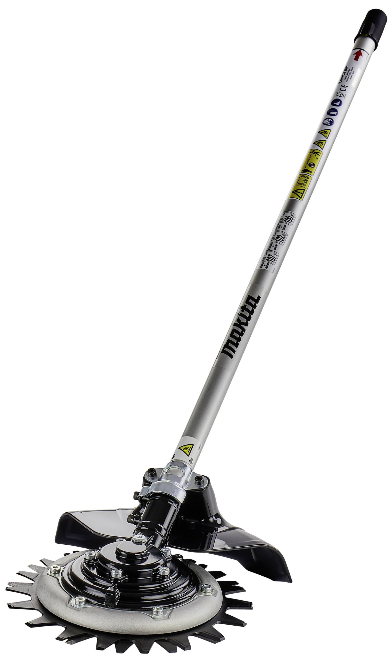 Edge trimmer attachment with metal teeth and long handle, suitable for cutting dense grass areas.<br><br>Translation to British English:<br>Lawn trimmer attachment with metal teeth and extended handle, ideal for cutting thick grass patches.