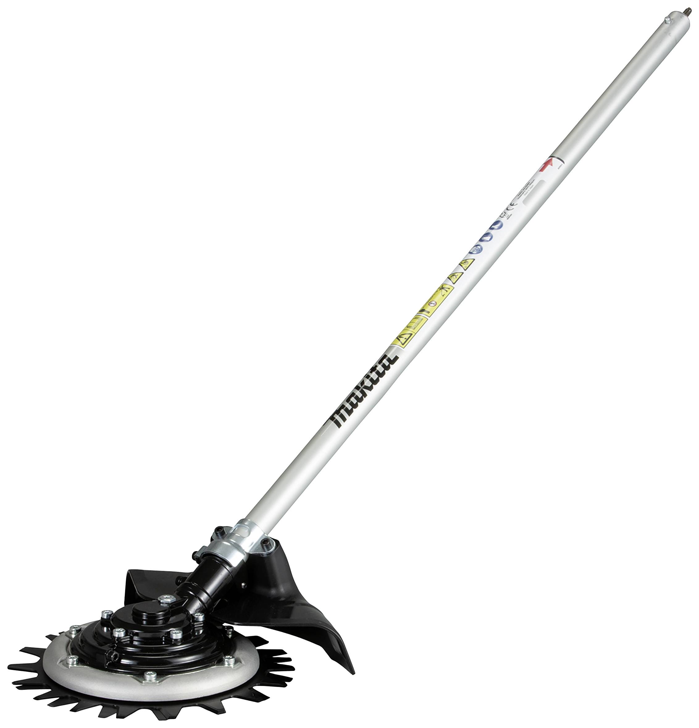 A strimmer with a long handle and rotating cutting head for trimming grass and plants.