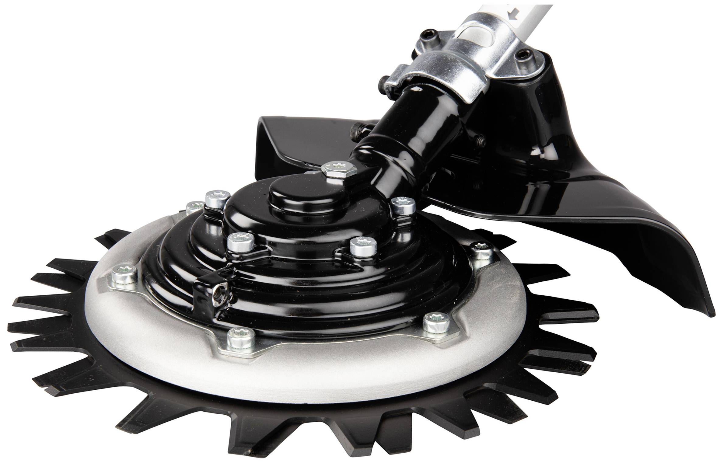 Garden tool with serrated metal cutting blade, suitable for trimming grass and small plants.