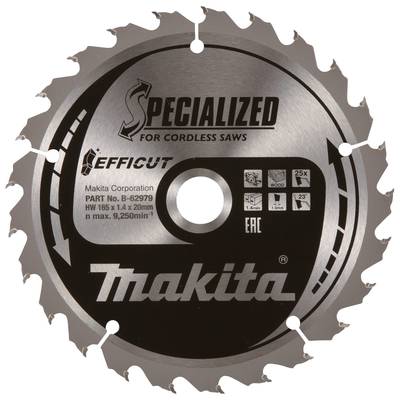 Round saw blade with the inscription 'SPECIALISED FOR CORDLESS SAWS' and 'Makita'. Diameter 185 x 20 mm, max. 9250 rpm.