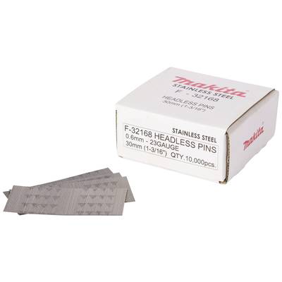 A white box with the label 'Makita Stainless Steel F-32168 Headless Pins 0.6mm - 23 Gauge, 30mm (1-3/16"), QTY. 10,000 pcs.' with pins lying beside it.