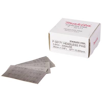 A pack of Makita stainless steel headless pins, 0.6 mm thick, 35 mm long, quantity: 10,000 pieces. Two sheets with pins are placed in front.