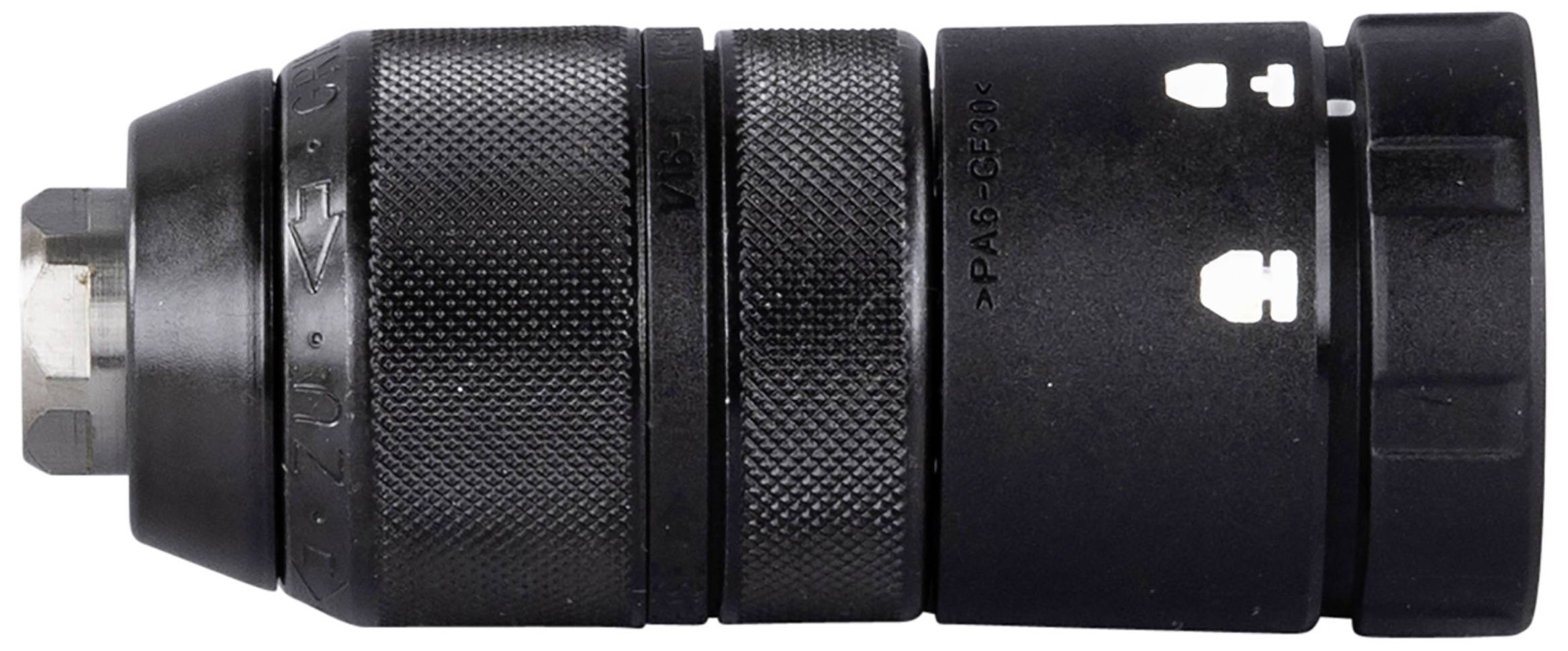 'Drill chuck viewed from the side, made of black metal, with a ribbed surface for improved grip. Teeth for a secure hold.'