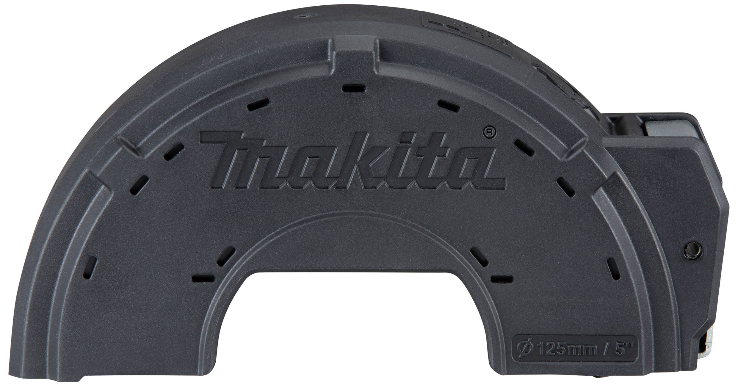 Makita vacuum cleaner adapter, dark grey, curved design, suitable for tools with a 125 mm diameter.