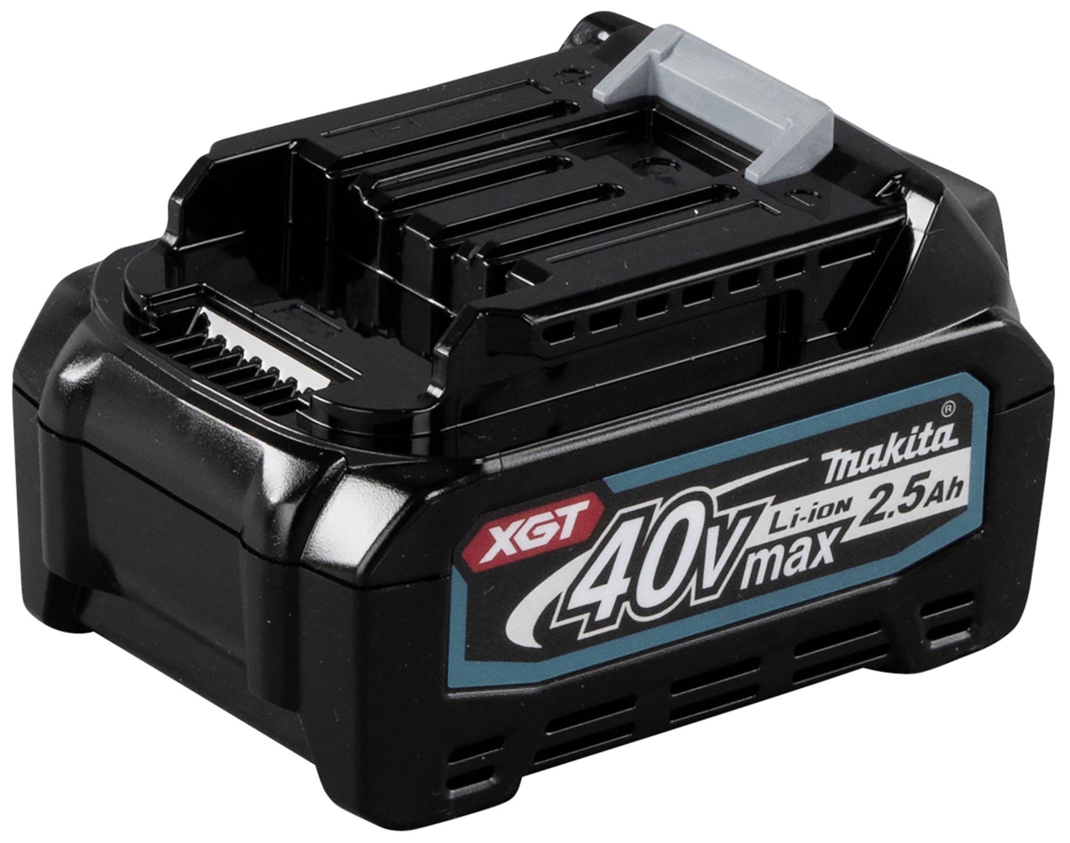 Black Makita XGT 40V Li-Ion Battery with 2.5 Ah Capacity, side-labelled, suitable for garden and electrical tools.