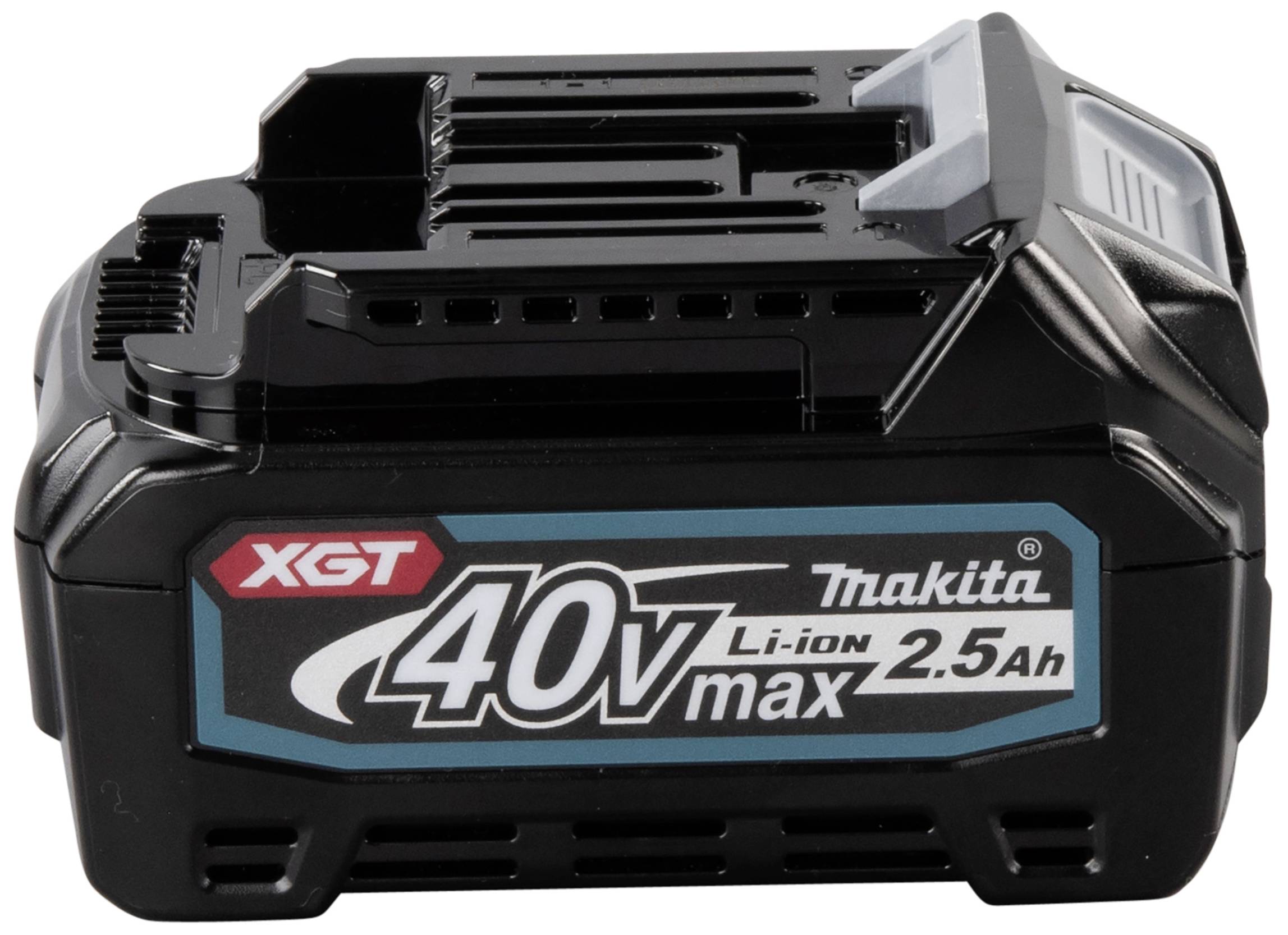 Makita XGT 40V Max Lithium-Ion Battery, 2.5Ah. Black casing with blue and red markings.