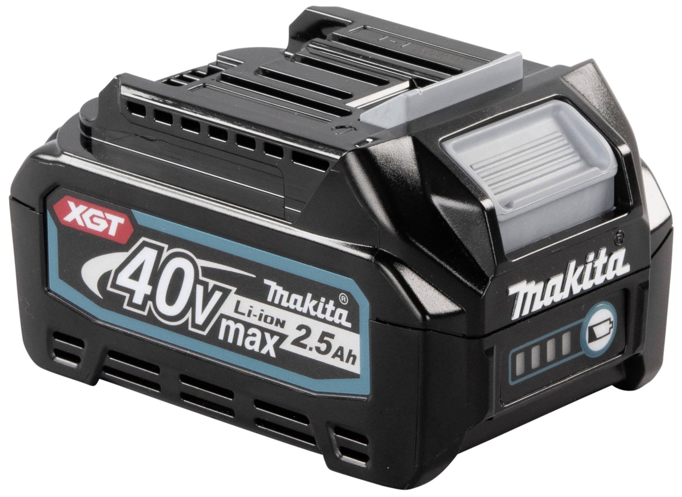 'Makita 40V max 2.5Ah Battery Pack' in Black with blue text and logo. Compatible with Makita XGT tools for extended runtime.