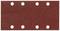 A rectangular, red sandpaper with six round holes in two rows.