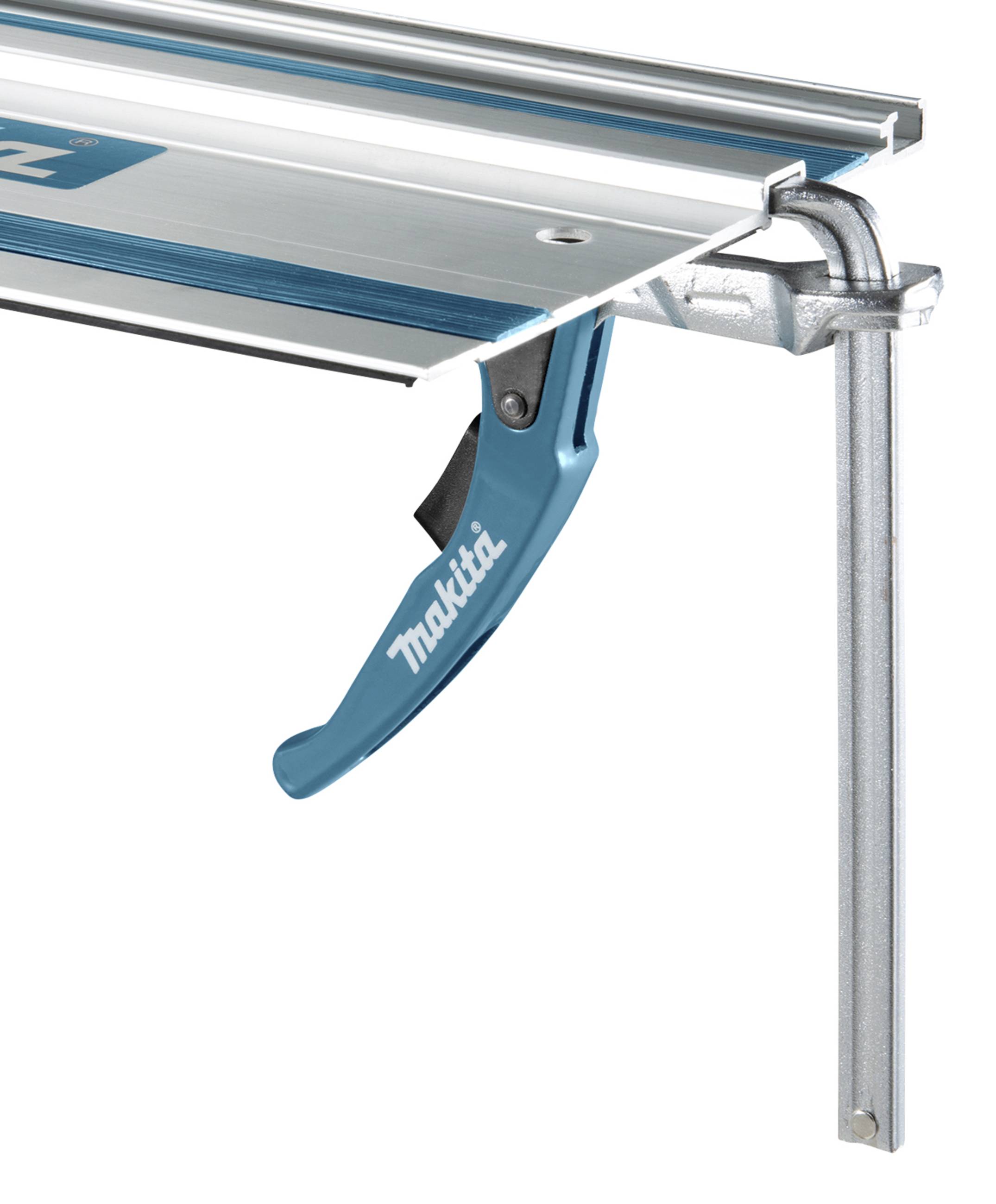 Metal rail with blue lever on the side, clamped to L-shaped metal stand.