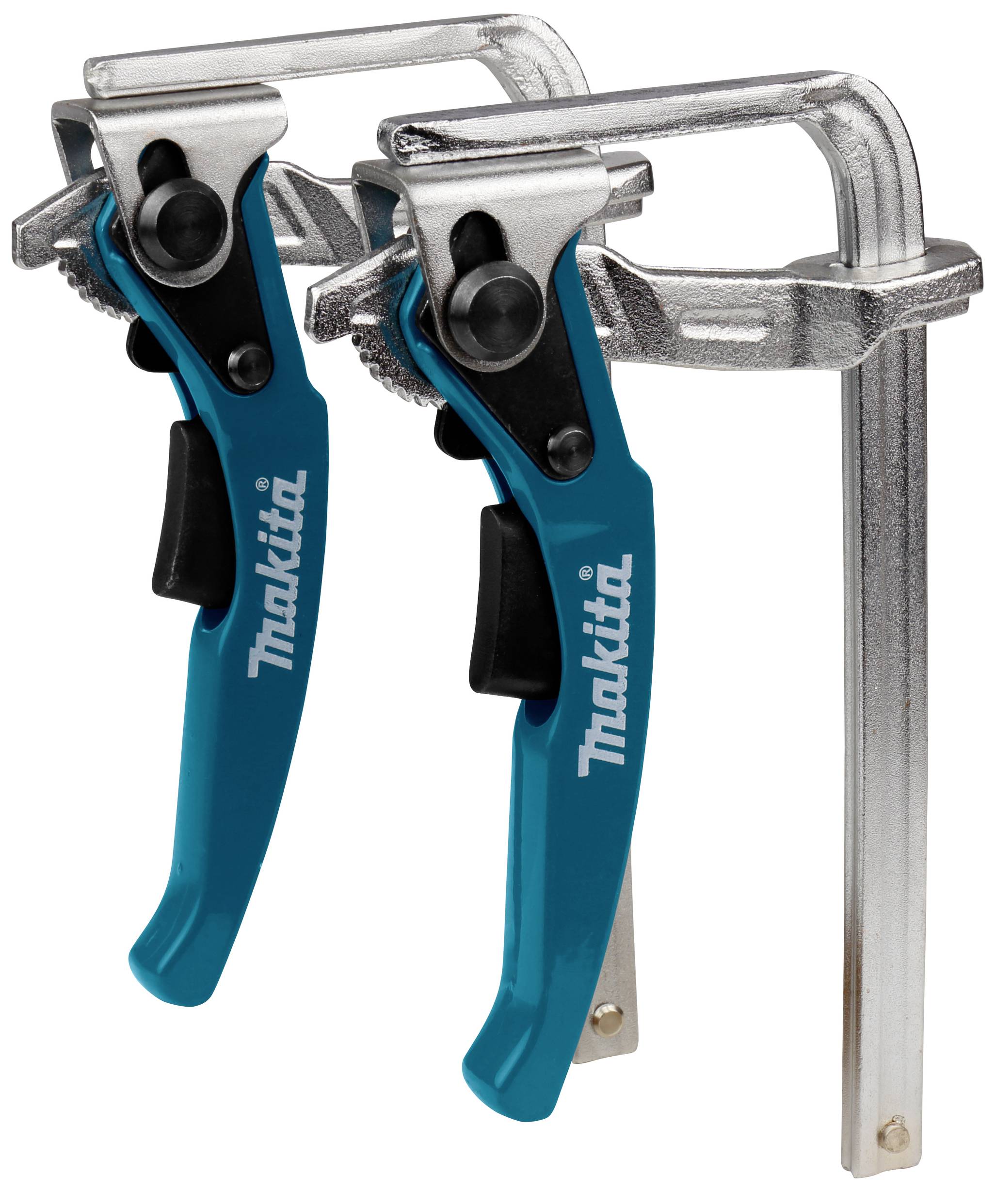 Two blue and silver G-clamps with the 'Makita' inscription, made of metal and plastic, are standing vertically side by side.
