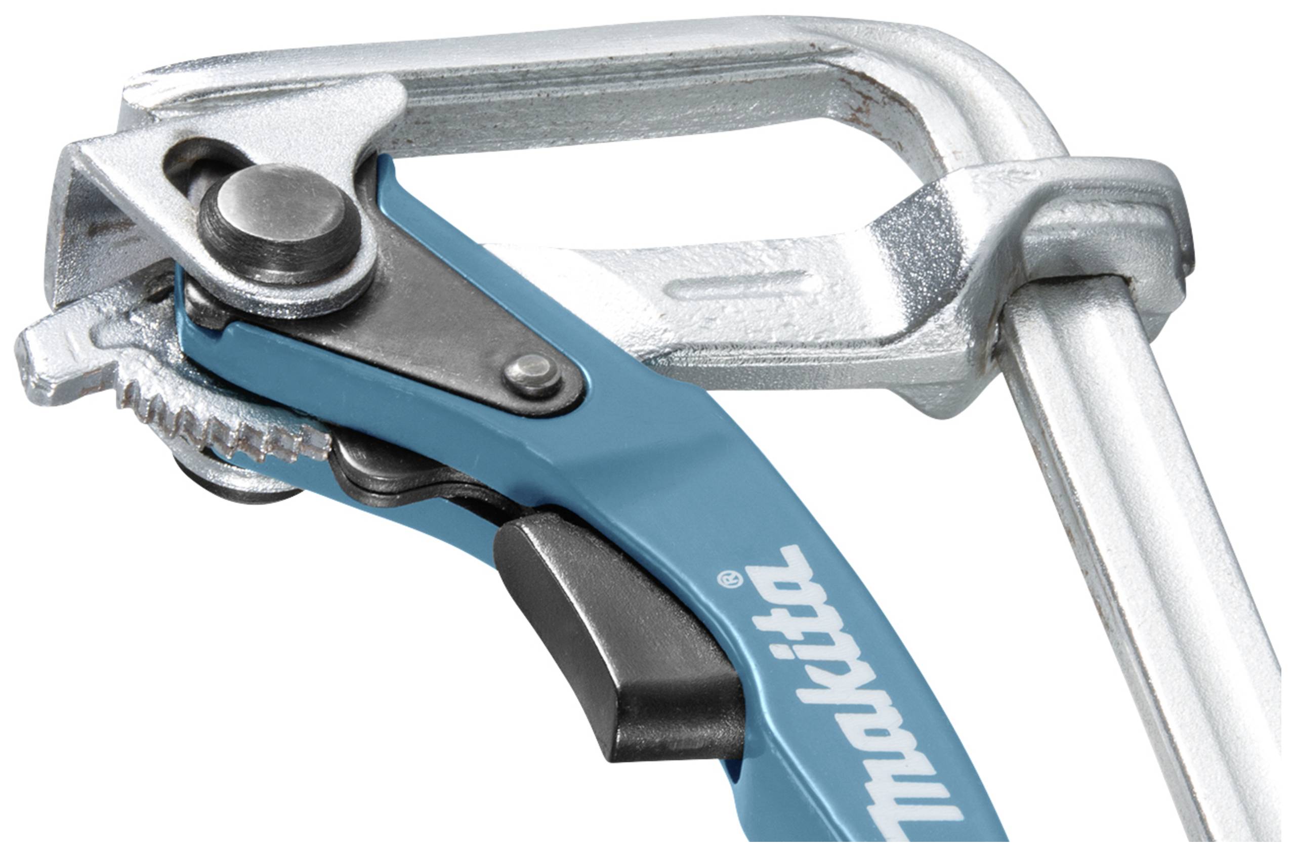 Close-up of a blue Makita hacksaw handle with metal frame and tensioning mechanism.