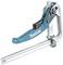 Hand clamp with a blue handle and silver metal frame, used for securing workpieces in woodworking or metalworking.