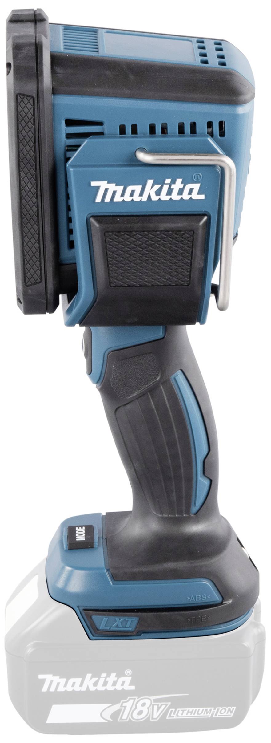 Battery-powered Makita hand lamp with ergonomic handle, blue and black plastic, 18V battery holder, shown from the side.