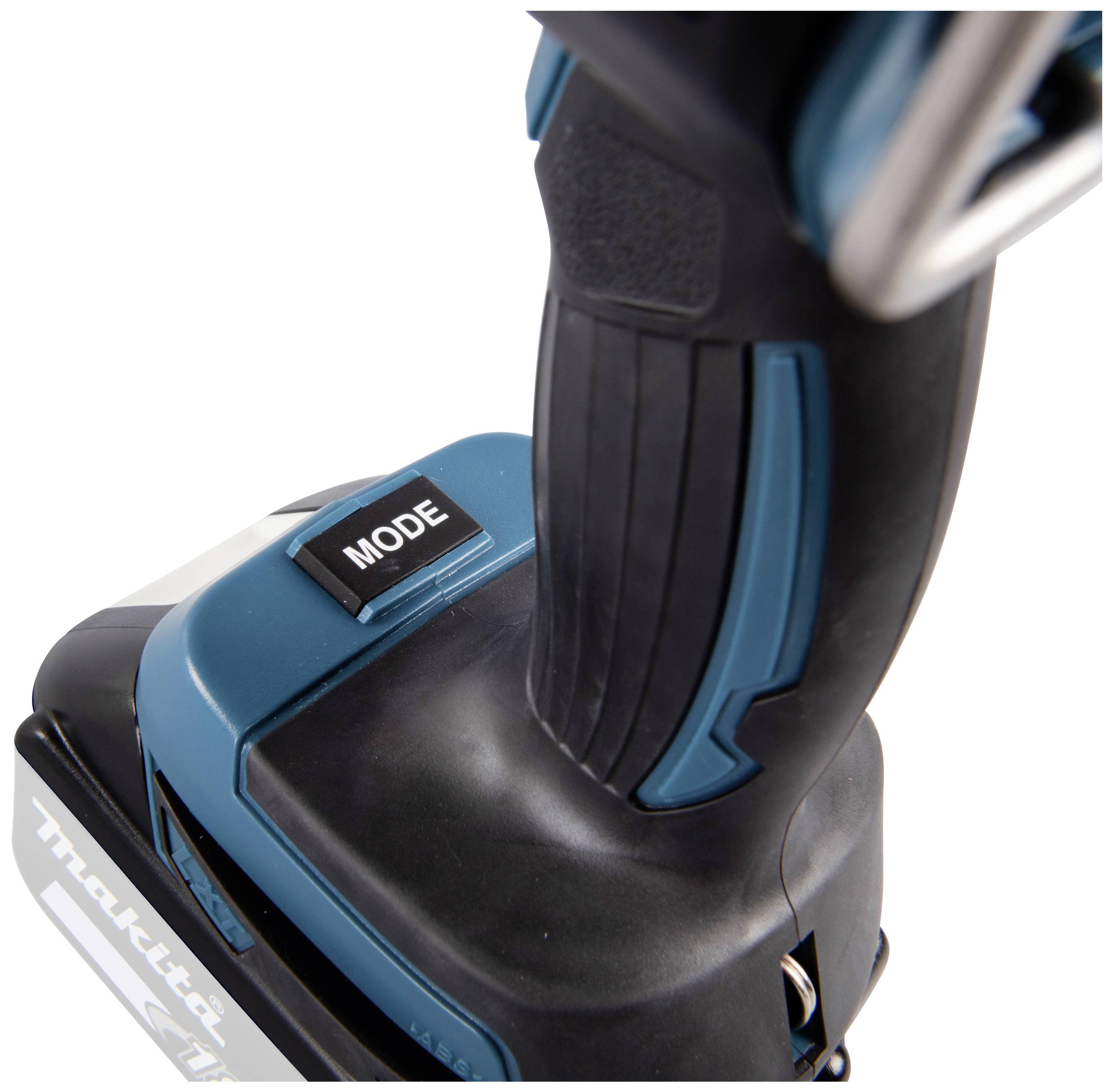 Drill with blue-black handle and mode switch, showing battery indicator on the side. Main function: drilling and screwing.